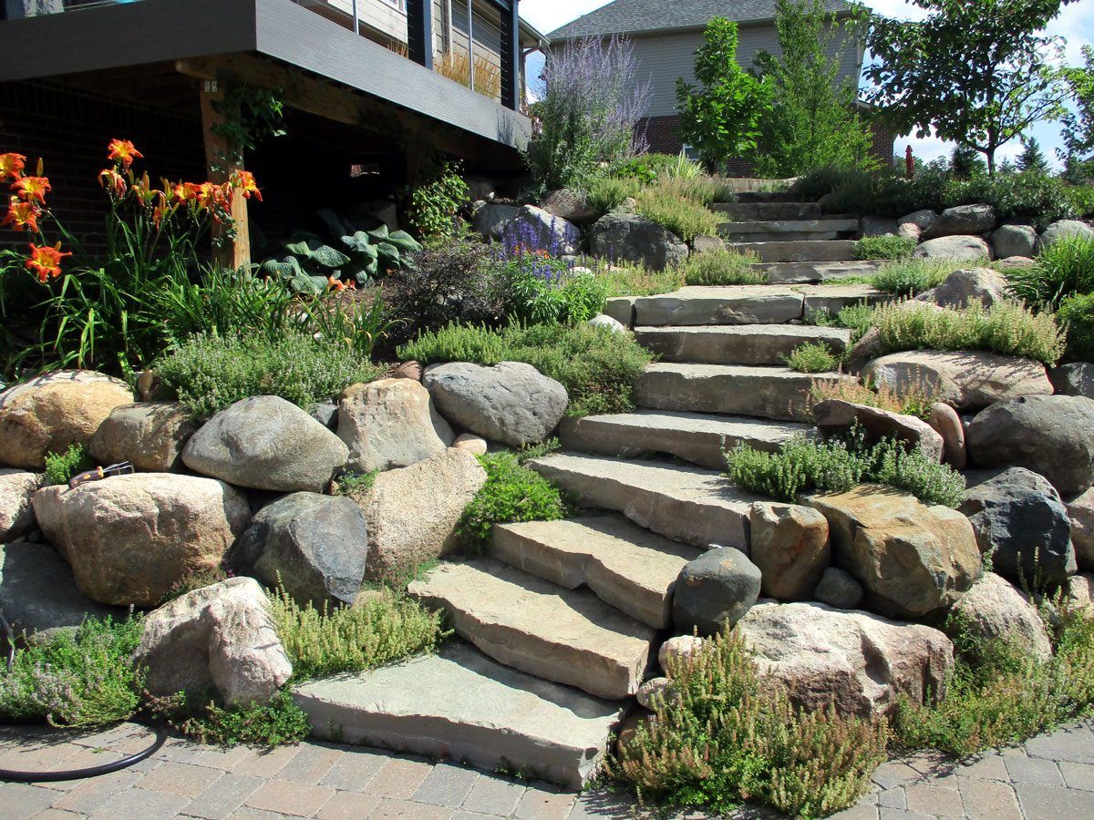Natural stone steps and landscaping